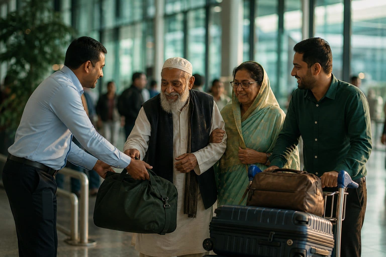 A coordinator welcomes an arriving Bangladeshi family at the airport and helps with their luggage