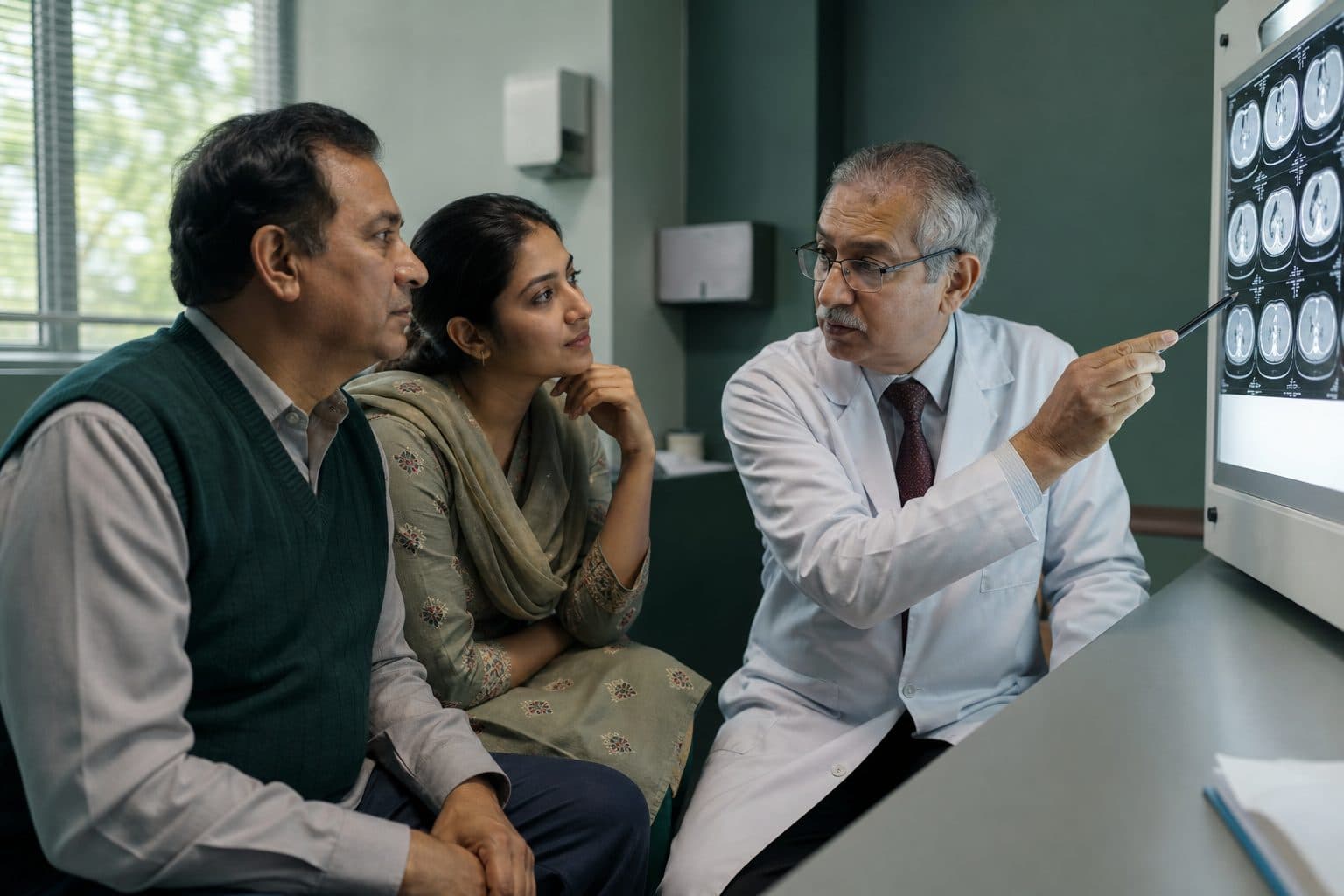 A specialist reviews CT images with a patient and his daughter in a hospital consultation room