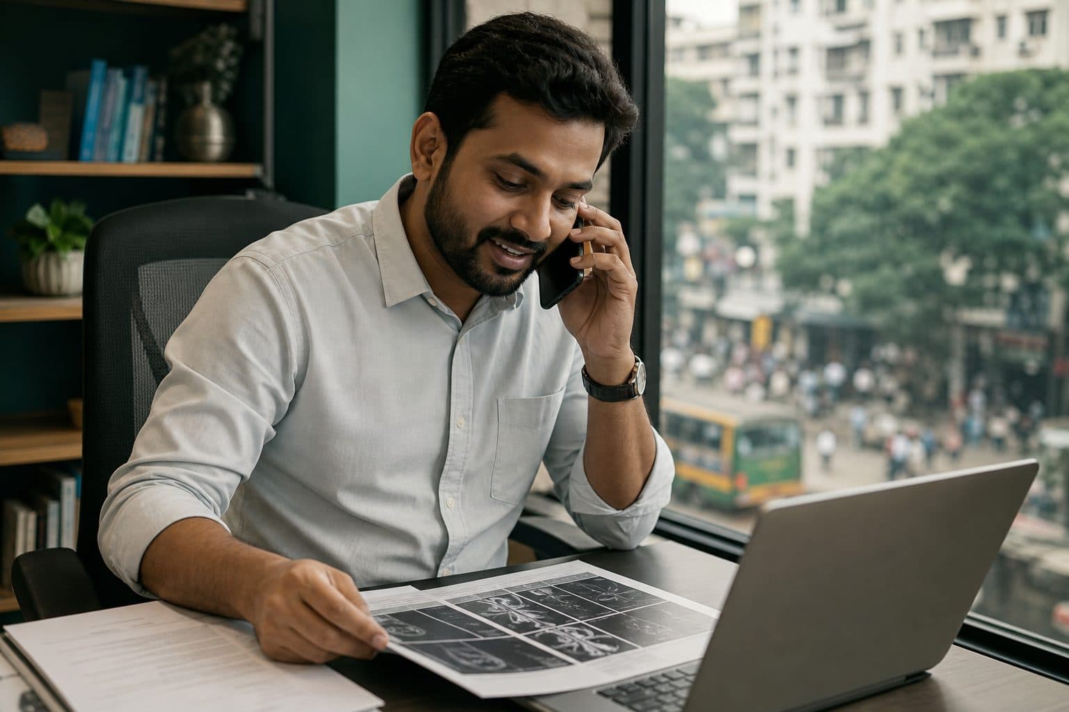 A coordinator in a Dhaka office talks to a family on the phone while reviewing their scans