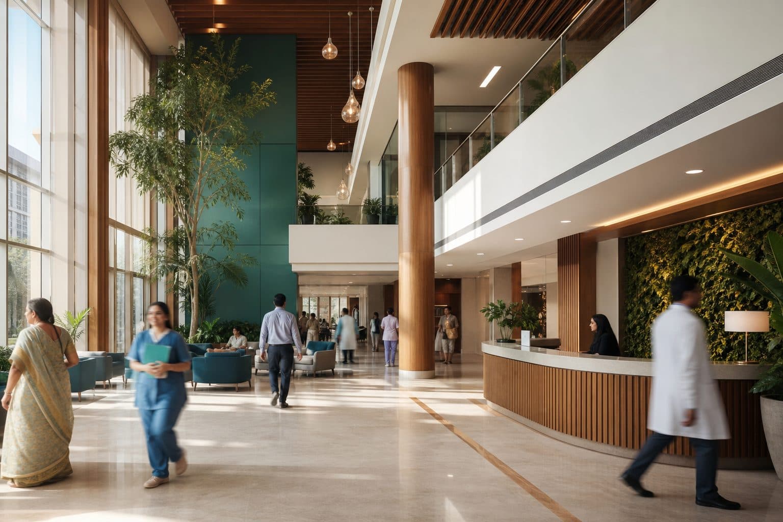 The bright reception atrium of a modern multi-speciality hospital in India
