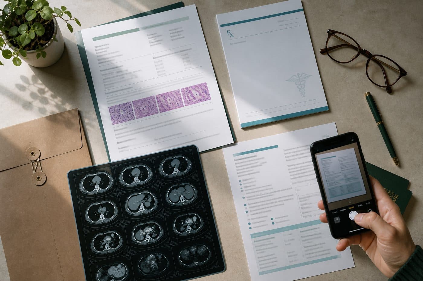 Medical reports, a CT film, a prescription and a passport laid out on a desk, with a phone photographing one report